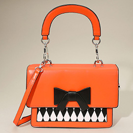 Faux Leather Harlequin Pattern Bow Accent Halloween Handbag / Crossbody Bag